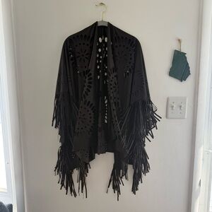 Raj Black Boho Cutout Fringe Shawl